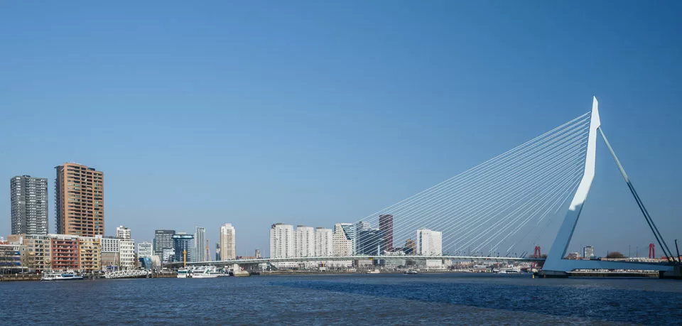 Skyline i Rotterdam med utsikt over bro