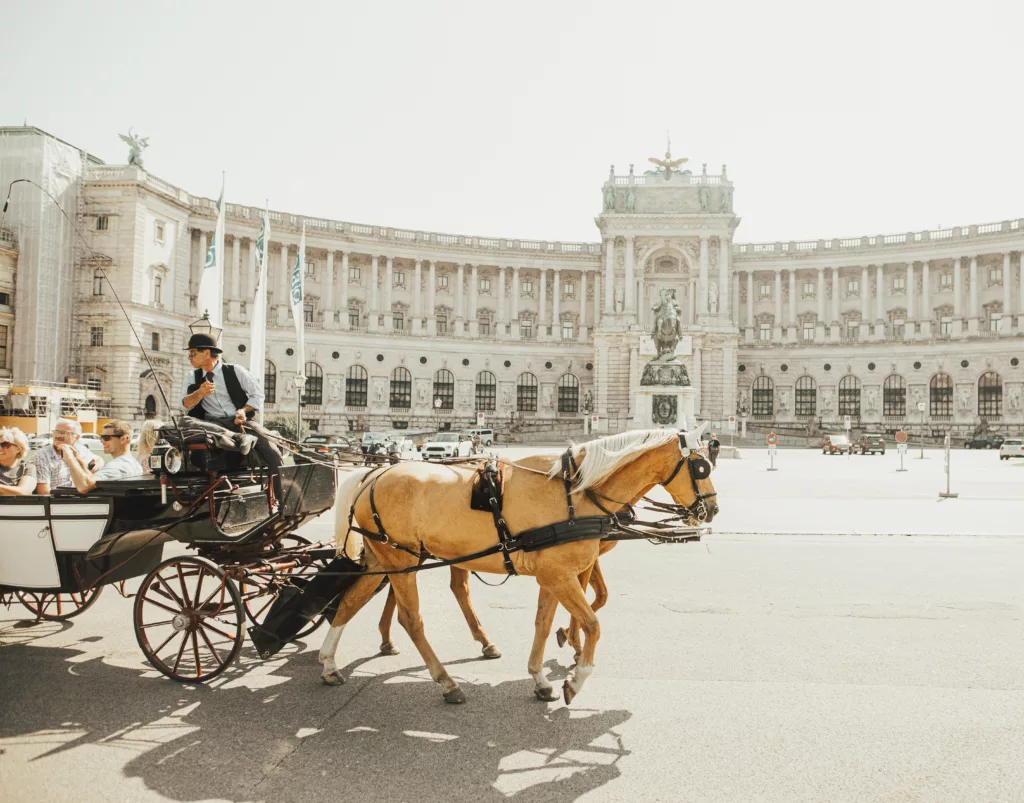 Mann med hest og elegant vogn foran et lyst palass